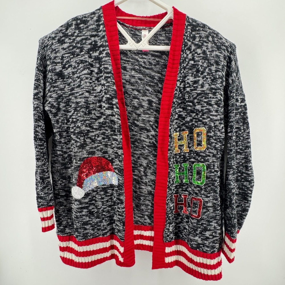 No Boundaries XXL Black Gray Red Sequin Ho Ho Ho Santa‎ Hat Christmas Cardigan